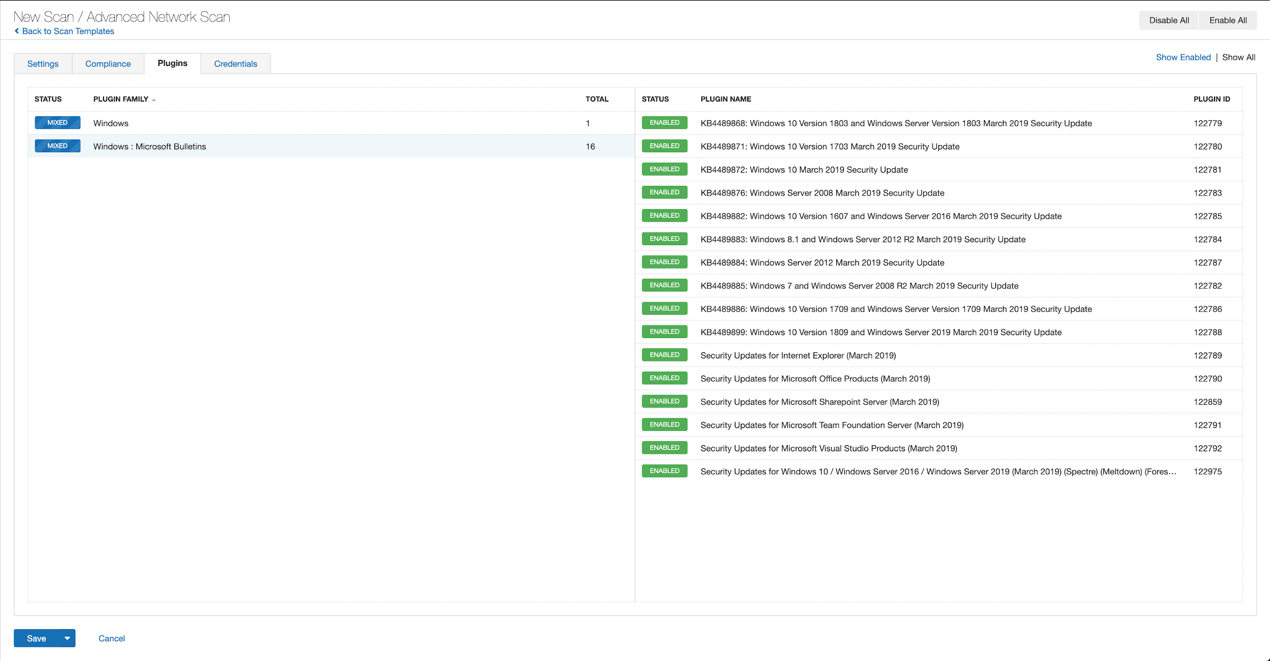 Plugin Family Selection - Tenable Advanced Scan