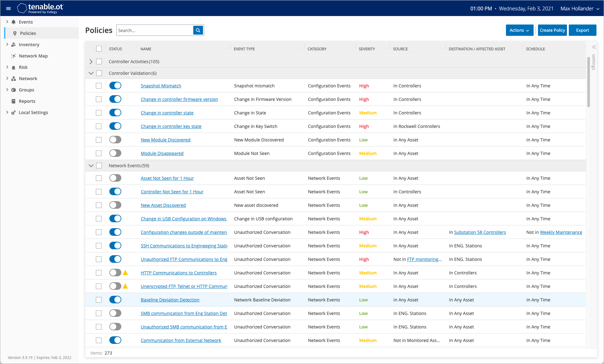 Screenshot of policies tab in Tenable.ot