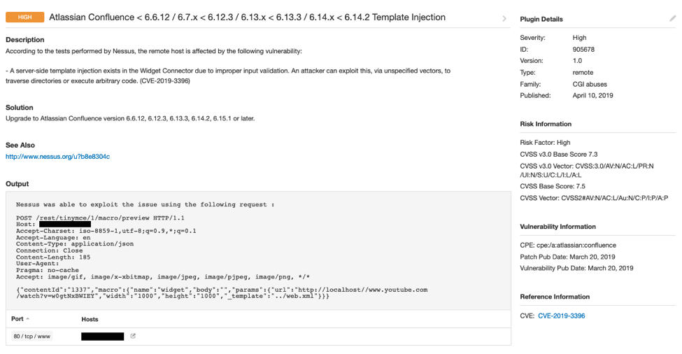 sample Nessus scan output for CVE-2019-3396.