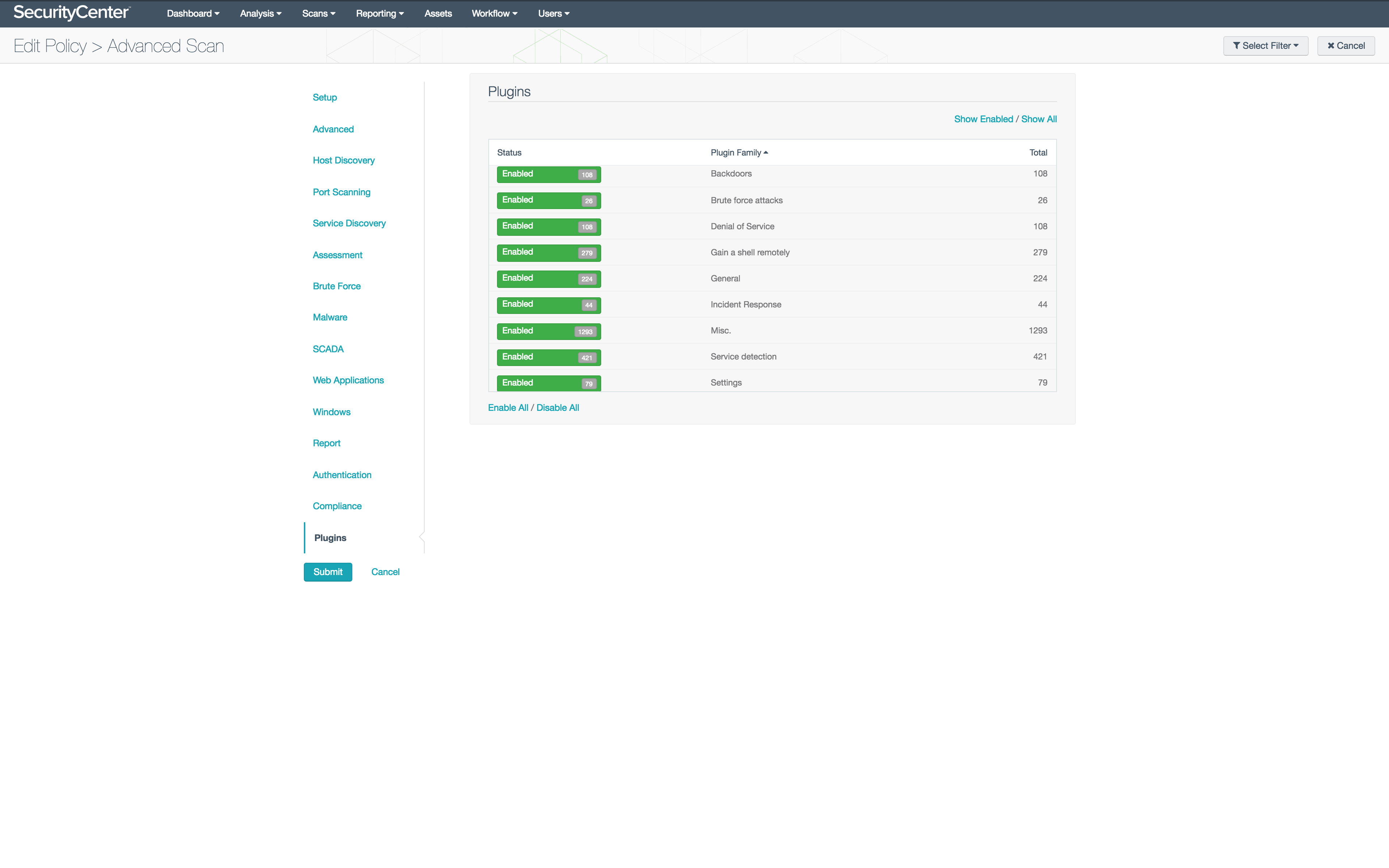 Custom or default scan policies