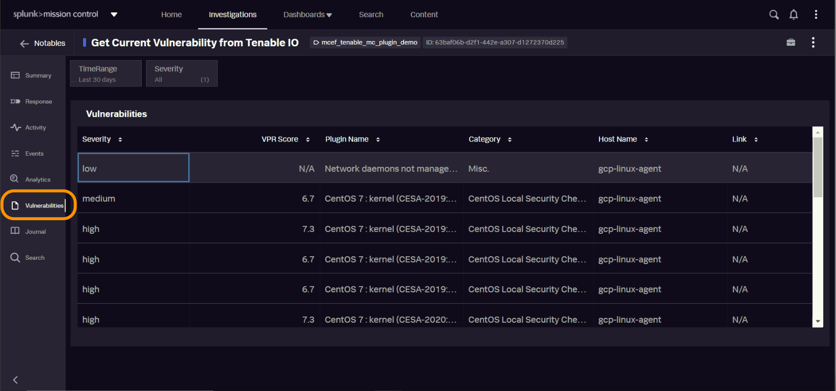 Screenshot of the Vulnerabilities tab within Splunk Mission Control, including severity and VPR scores. including 