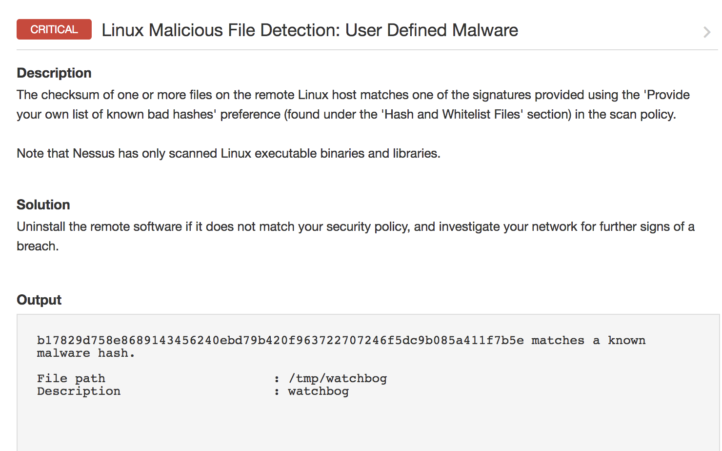 example scan result for known bad hashes for WatchBog