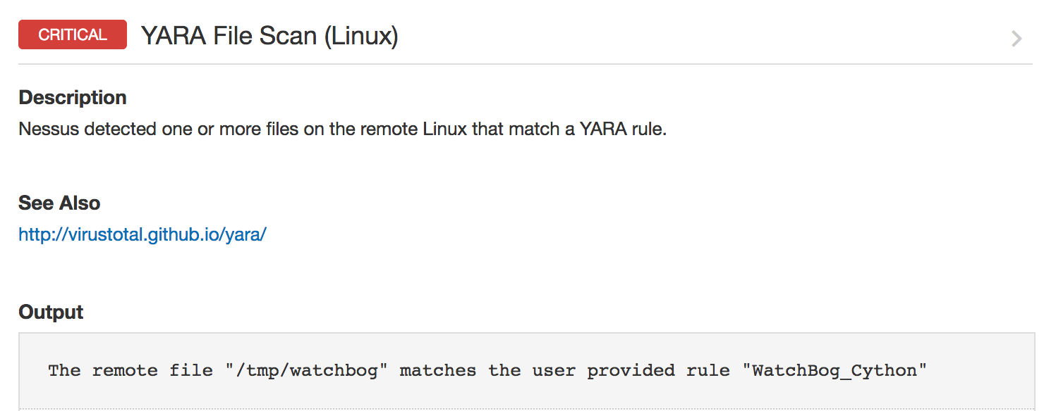 example scan output for the YARA file scanning plugin