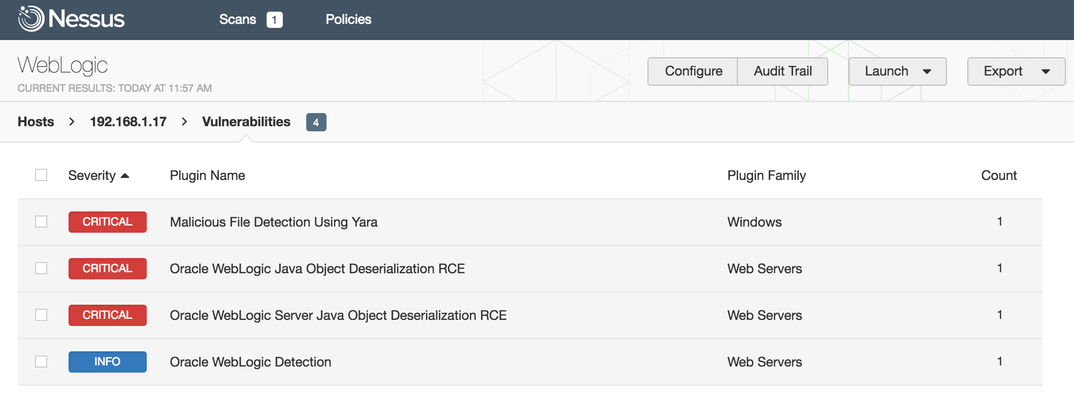 Nessus WebLogic scan with YARA rule