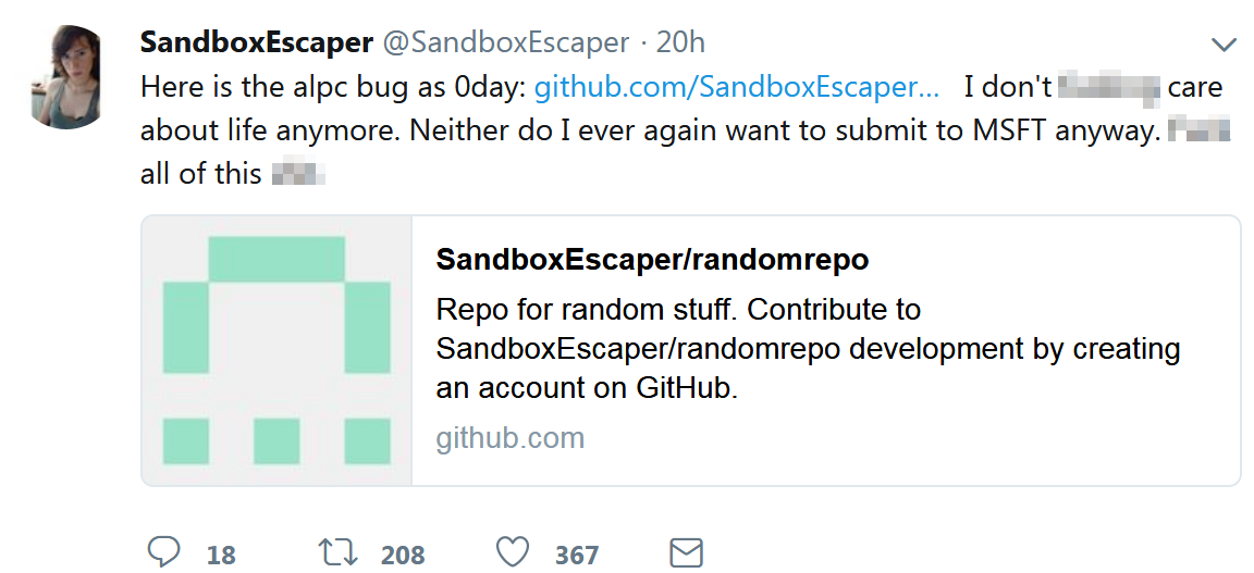 Twitter user SandboxEscaper announces Microsoft Zero-Day exploit