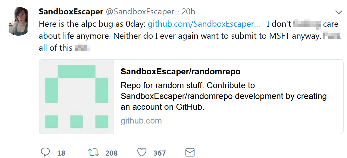 Twitterユーザー「SandboxEscaper」がMicrosoftのゼロデイエクスプロイトを公表