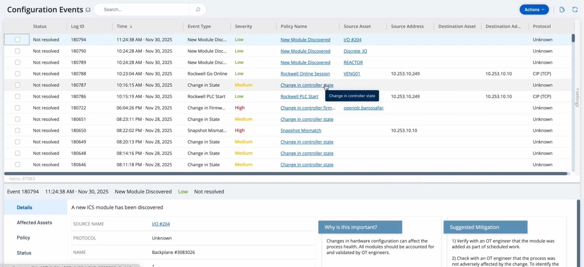 List of configuration events captured in real-time inside Tenable One OT Exposure, with detailed view into custom policies and AI-powered guidance on “why is this important?” and “suggestion mitigation” guidance.