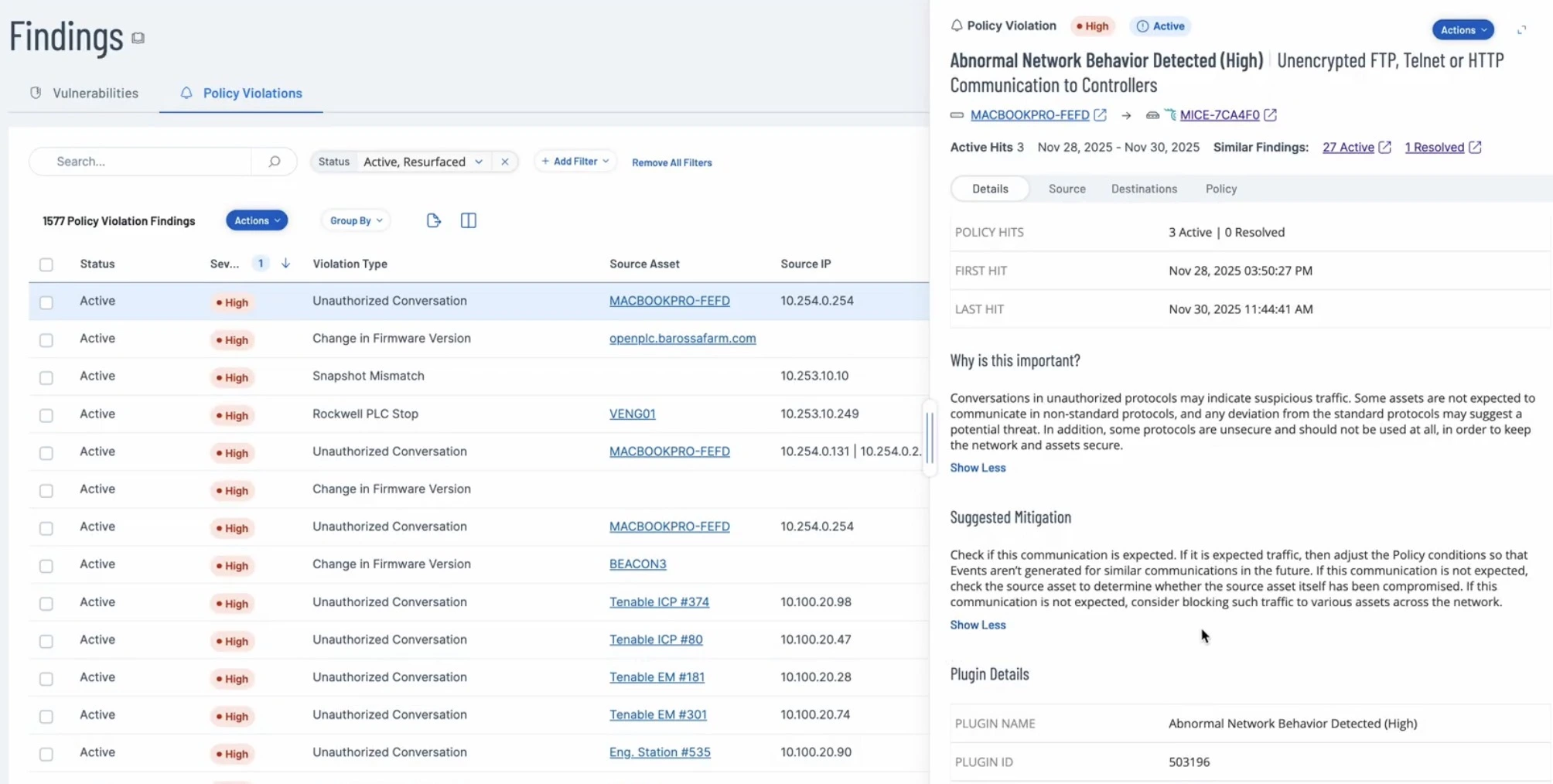 Detailed view of a high-risk policy violation finding in Tenable One OT Exposure.