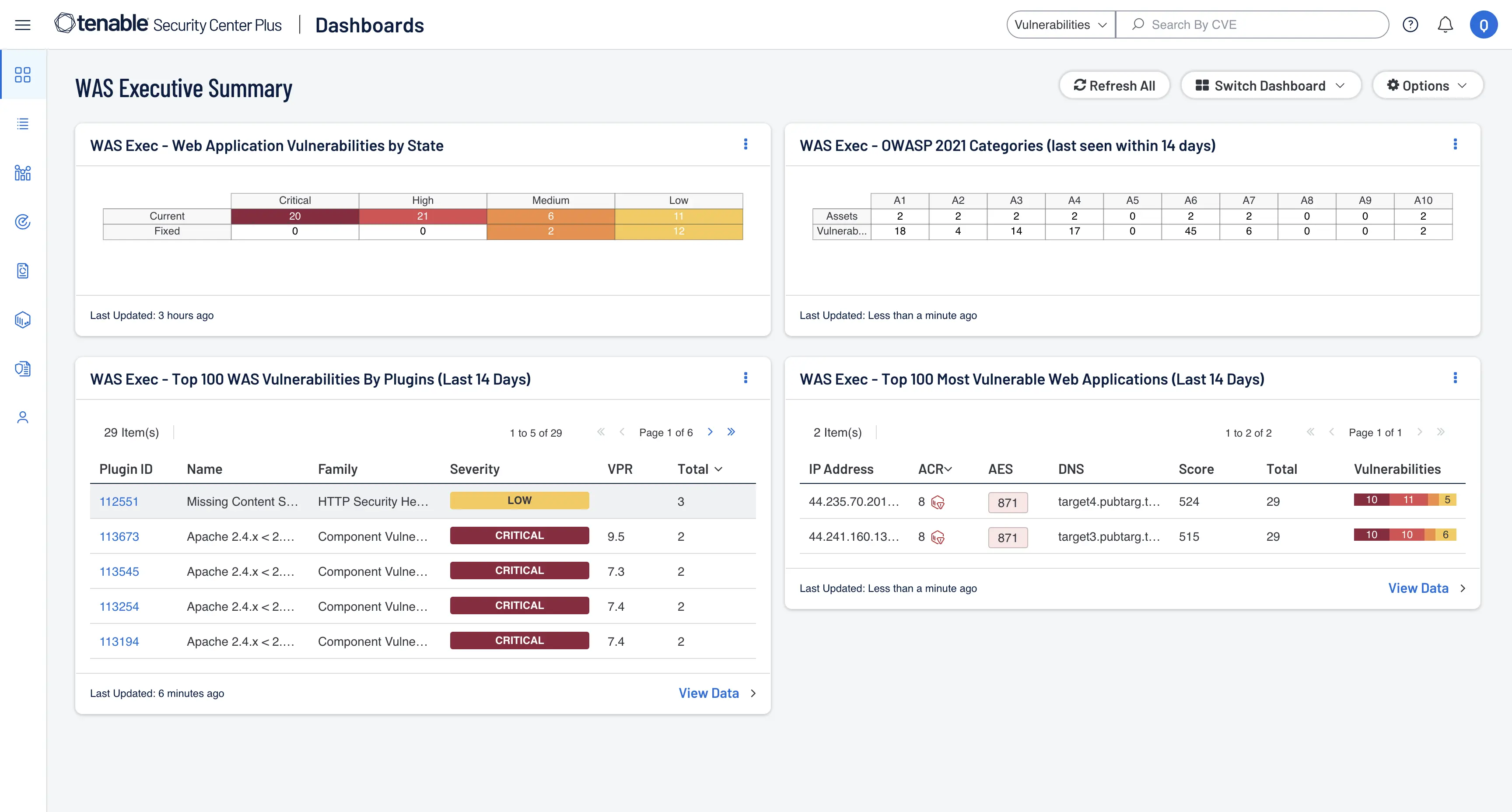 On-premises web application security executive summary in Tenable Security Center Plus. 