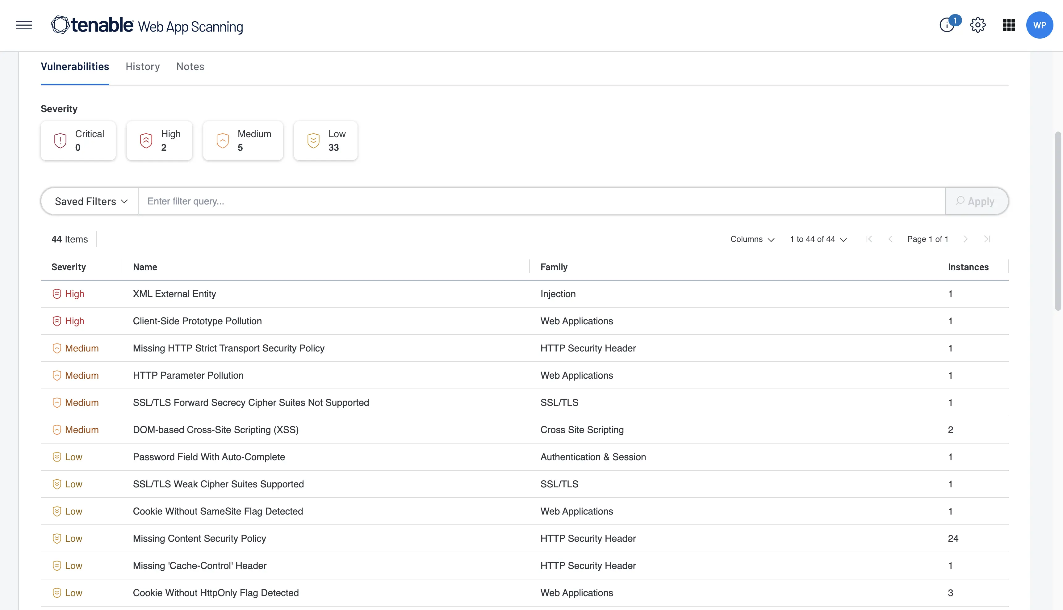 Dashboard interface of Tenable One Web App Scanning showing a rapid DAST scan completed in less than two minutes with high-level cyber hygiene findings.