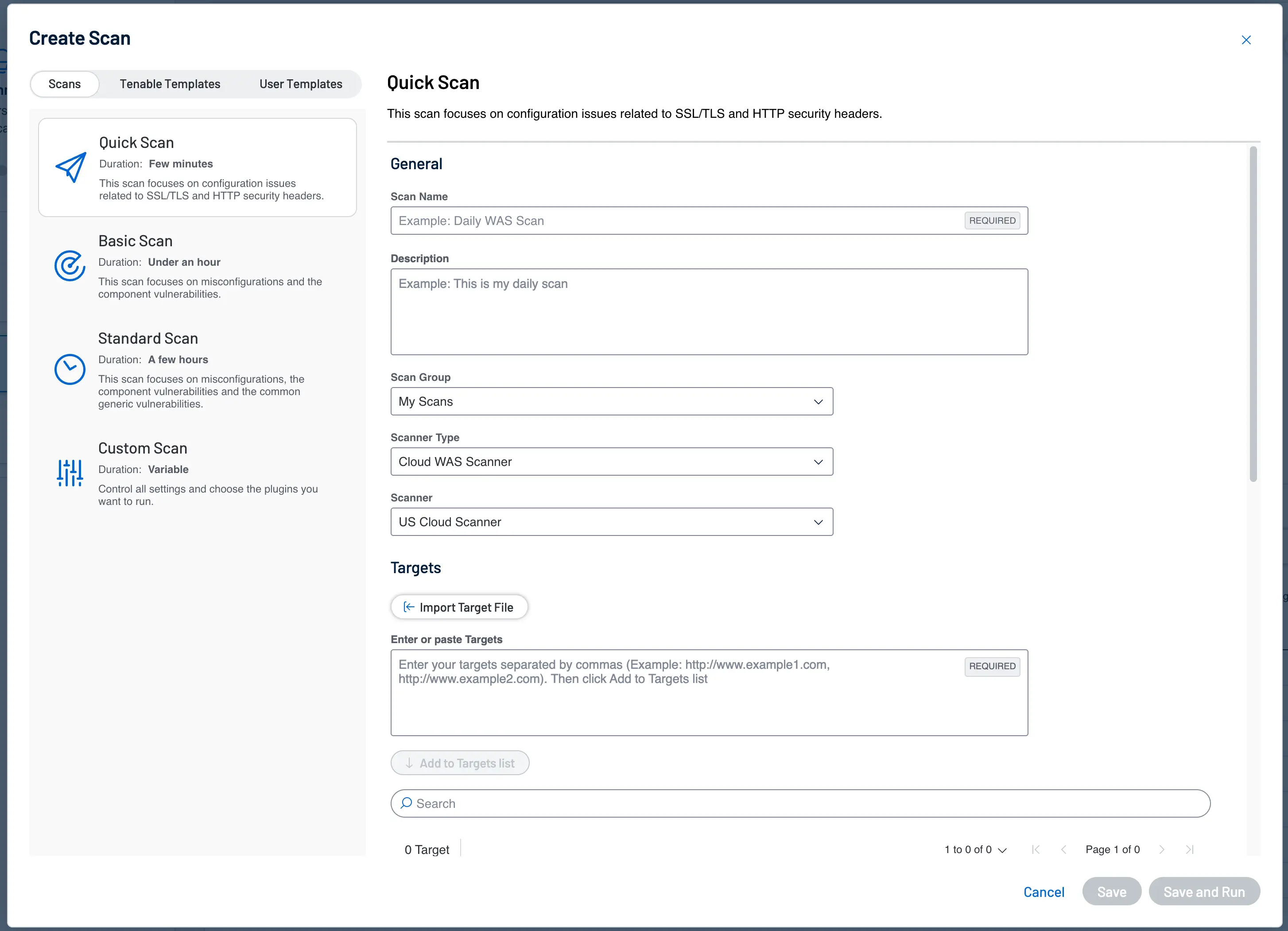 Step-by-step scan creation screen in Tenable One Web App Scanning, demonstrating a simplified workflow to launch automated recurring vulnerability scans.